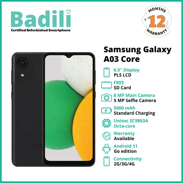 Badili Refurbished Samsung Galaxy A03 Core 32GB + 2GB RAM – Dual SIM Android 11 Go Smartphone, 6.5" HD+ Display, 5000mAh Battery – with Charger, Case, SD Card – Affordable Budget Phone Kenya