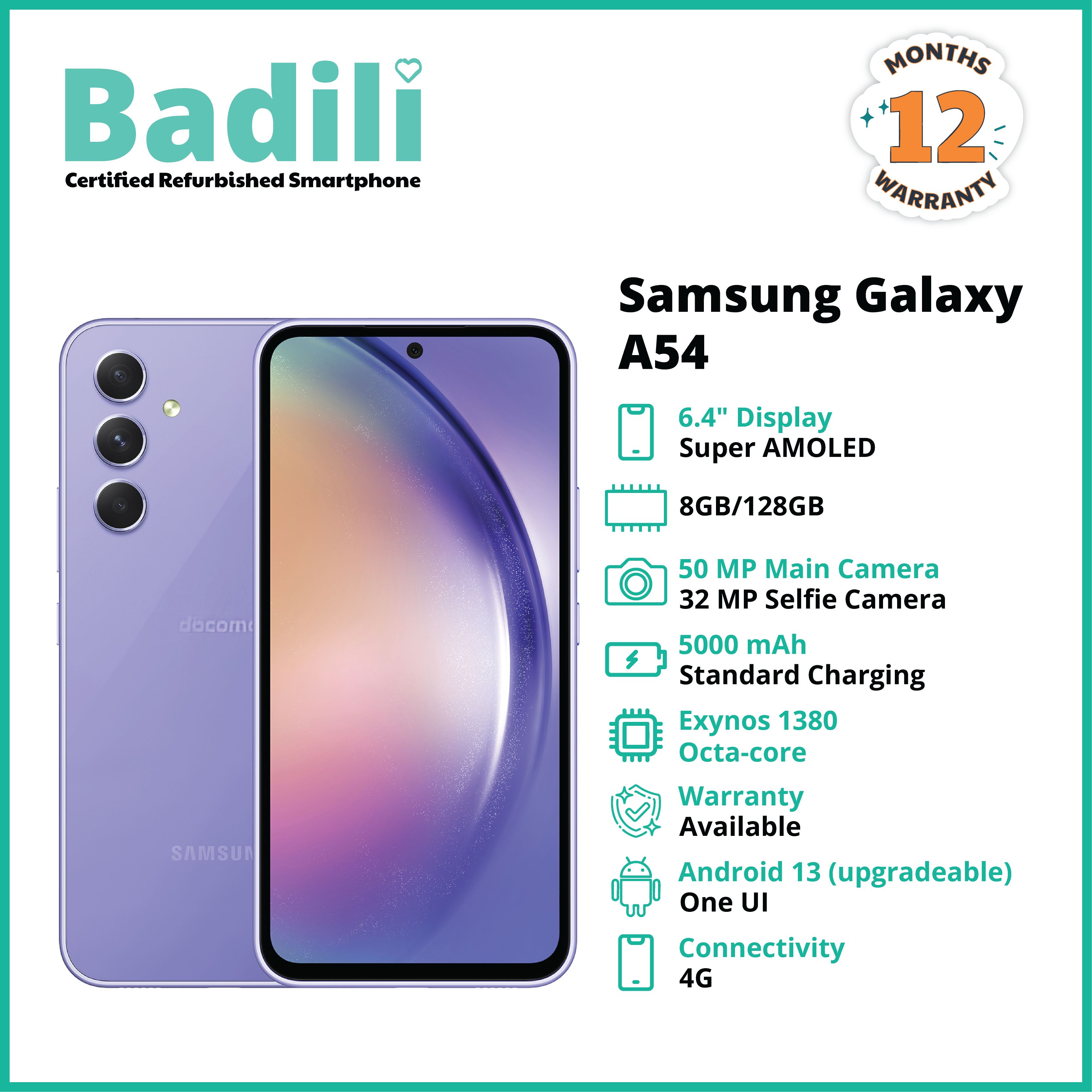 Badili - Samsung Galaxy A54, Violet, 8GB RAM /128 GB ROM - Refurbished with 12 Months warranty.