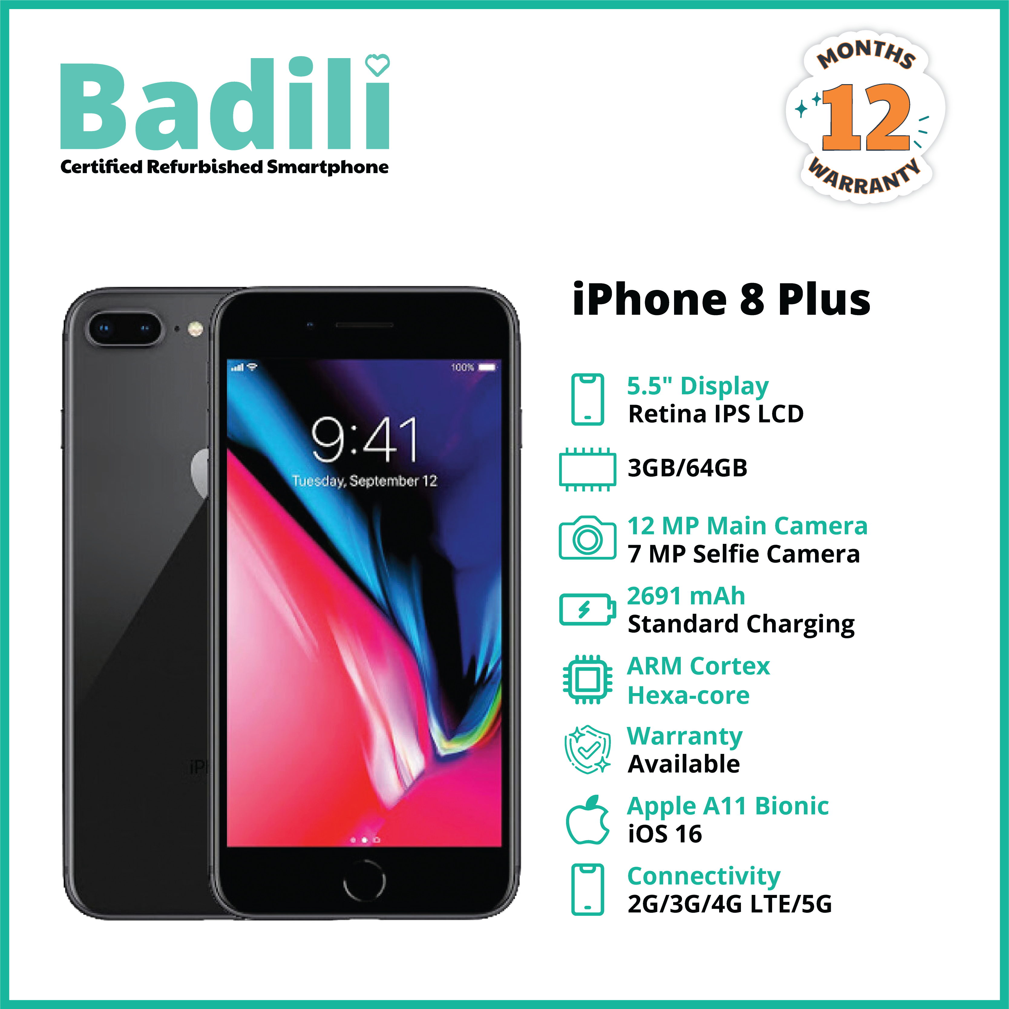 Badili Refurbished- Apple iPhone 8 Plus, Black, 64GB-  with 12 Months warranty