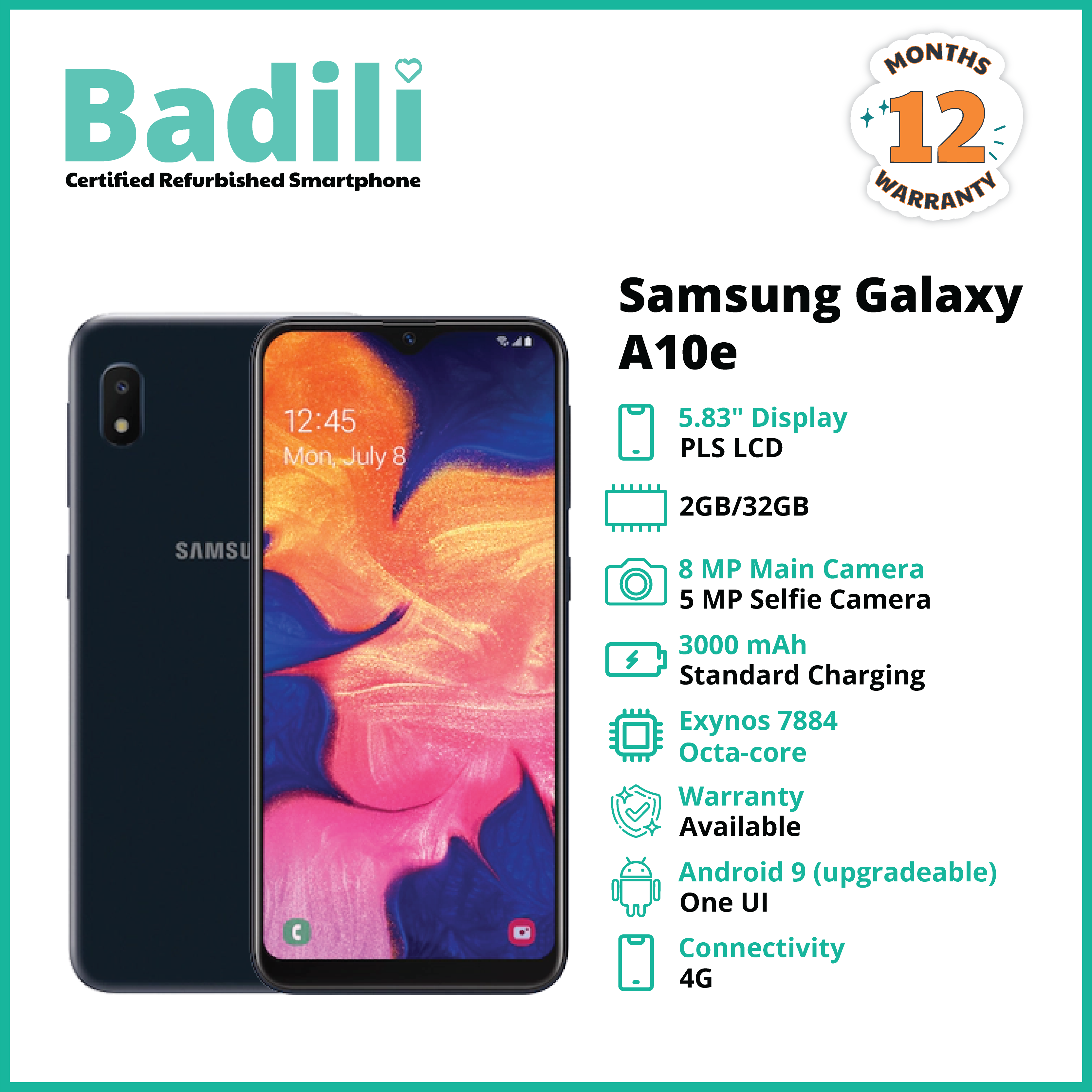 Badili Refurbished Samsung Galaxy A10e Smartphone 32GB/2GB, 5.83" ,Single Sim +Free 32 GB Memory Card