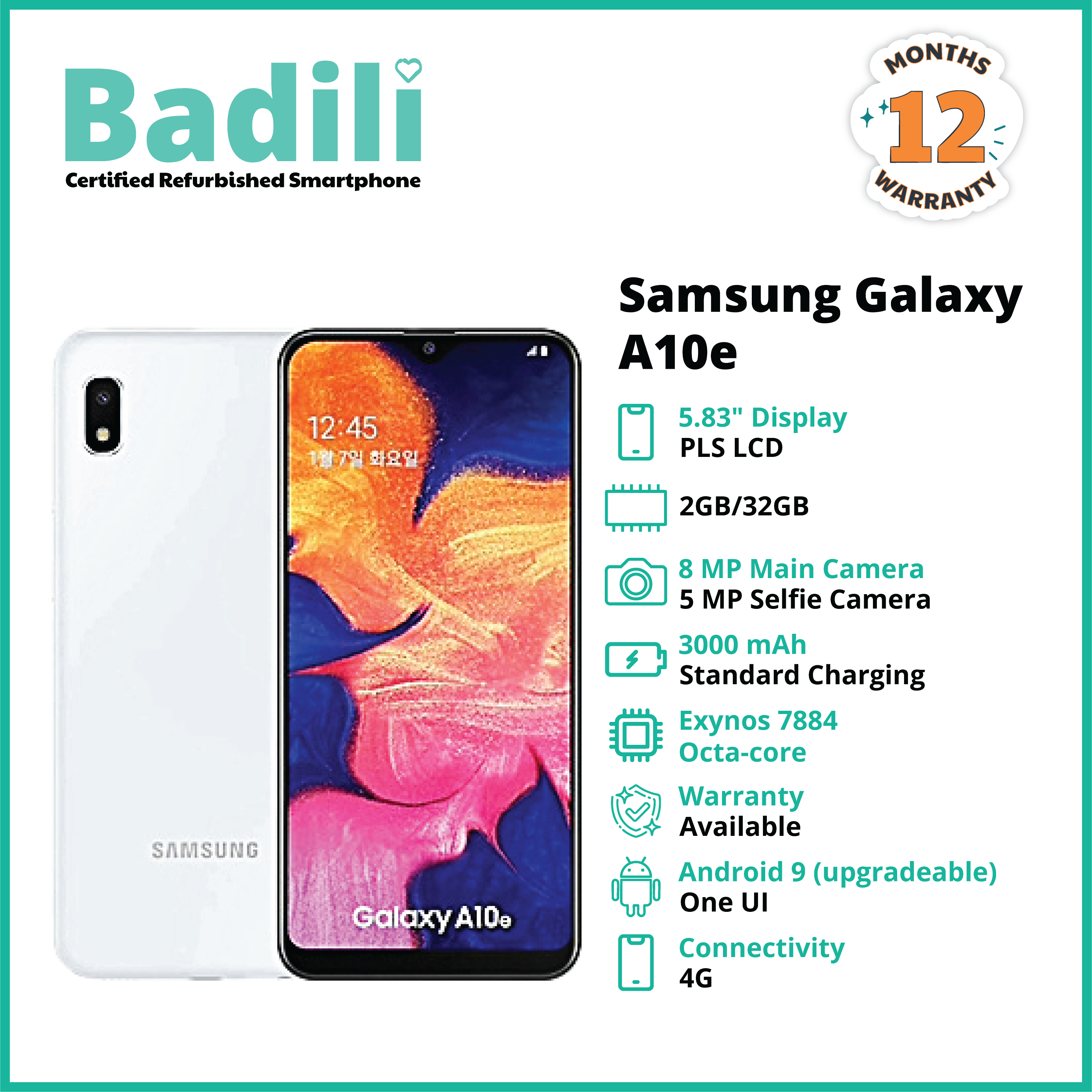 Badili Refurbished Samsung Galaxy A10e Smartphone 32GB/2GB, 5.83" ,Single Sim +Free 32 GB Memory Card