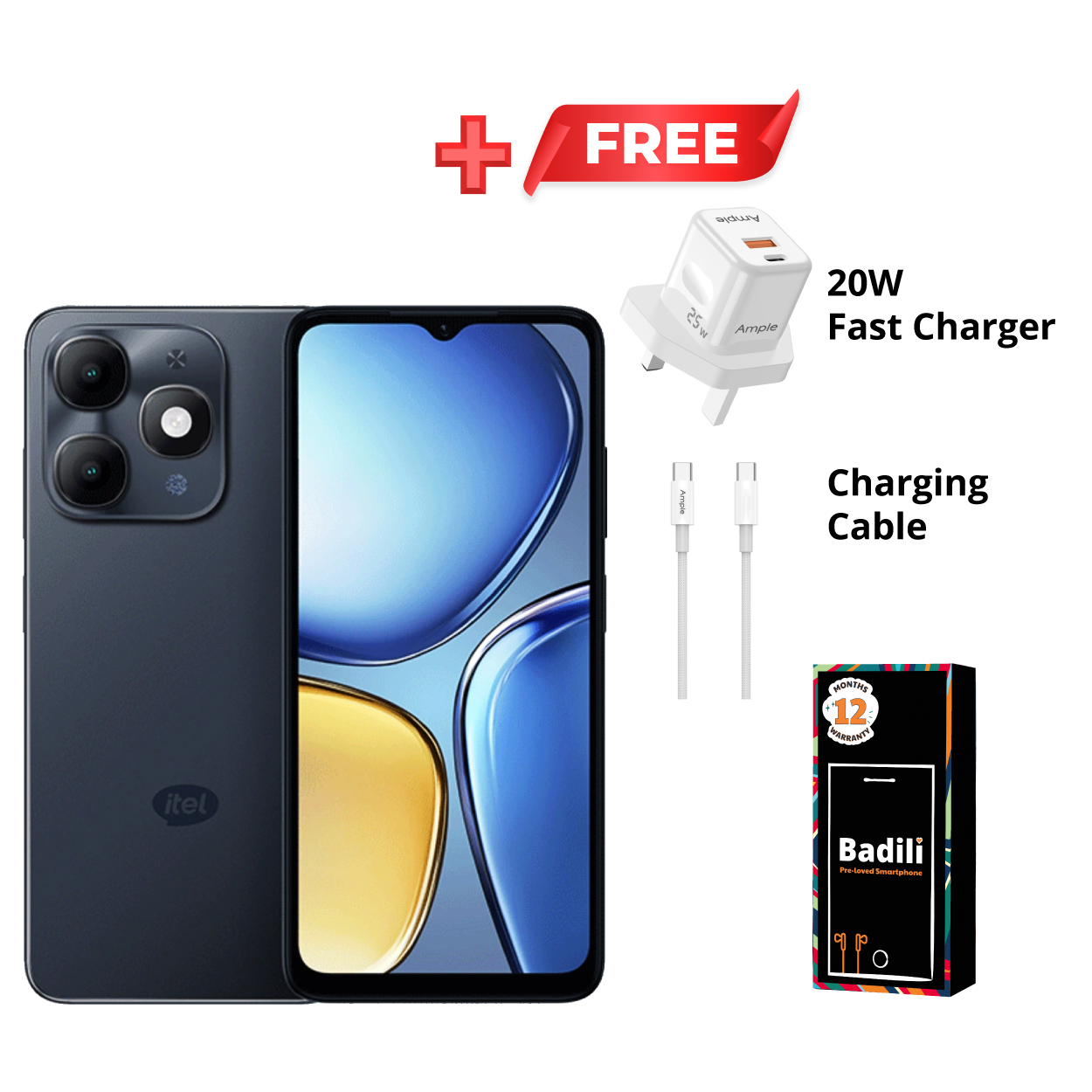 Itel A90 phone– 6.6" HD+ Display, 4GB RAM + 128GB ROM, 5000mAh Battery, Android 14, Dual SIM, 13MP AI Camera -Badili Refurbished Smartphone.