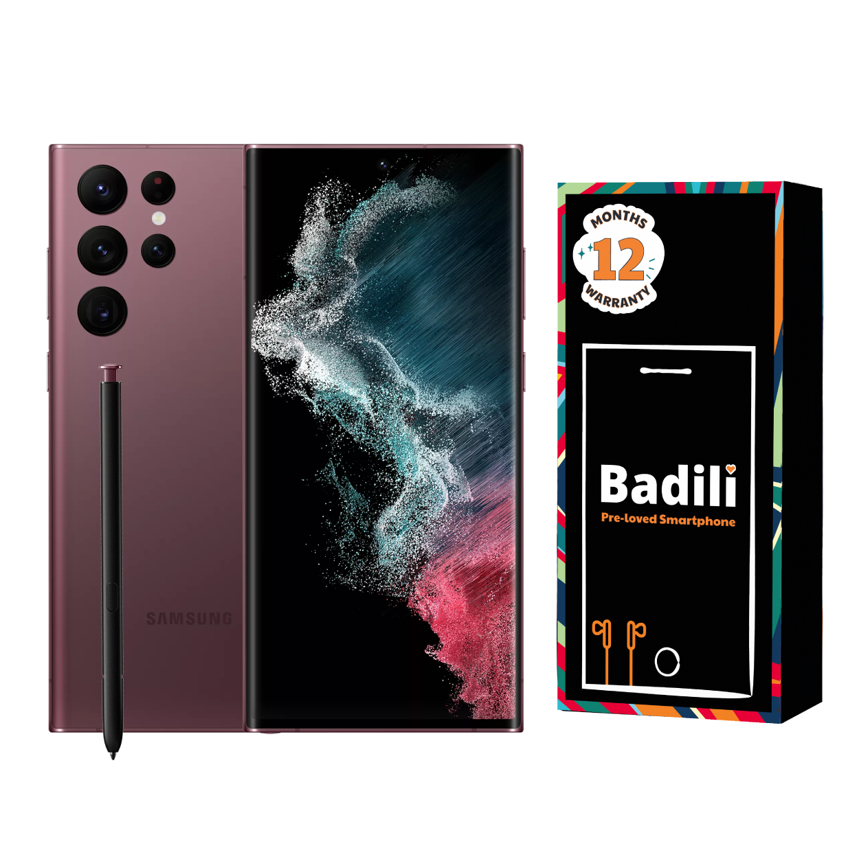 Badili  Samsung Galaxy S22 Ultra 5G – 12GB RAM + 256GB ROM – Refurbished – Single SIM – Android Smartphone – Burgundy– Global Version.