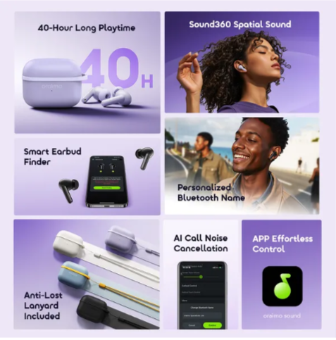 Oraimo SpaceBuds Lite Sound 360 Anti-Lost True Wireless Earbuds 🔸Sound360 Spatial Audio🔸 Smart Earbud Finder🔸  Free Anti-Lost Lanyard Included 🔸40-Hr Long Playtime