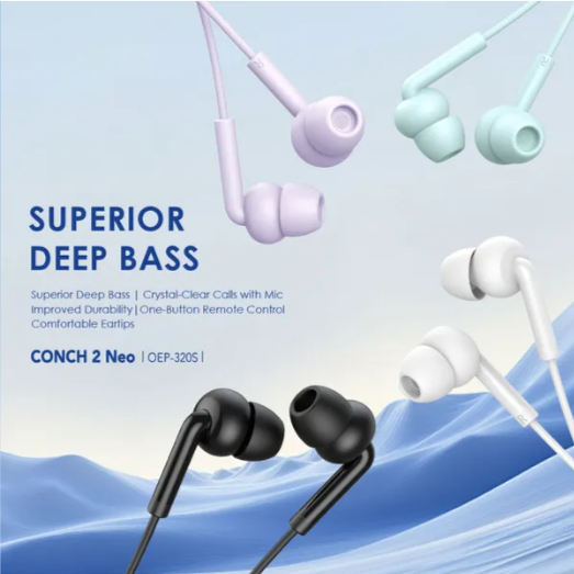 ORAIMO SUPERIOR DEEP BASS CONCH 2 NEO OEP-320s🔹3.5MM In-ear Earphone Frequency🔹 Has comfortable Ear tips 🔹 stylish Design and improved Durability