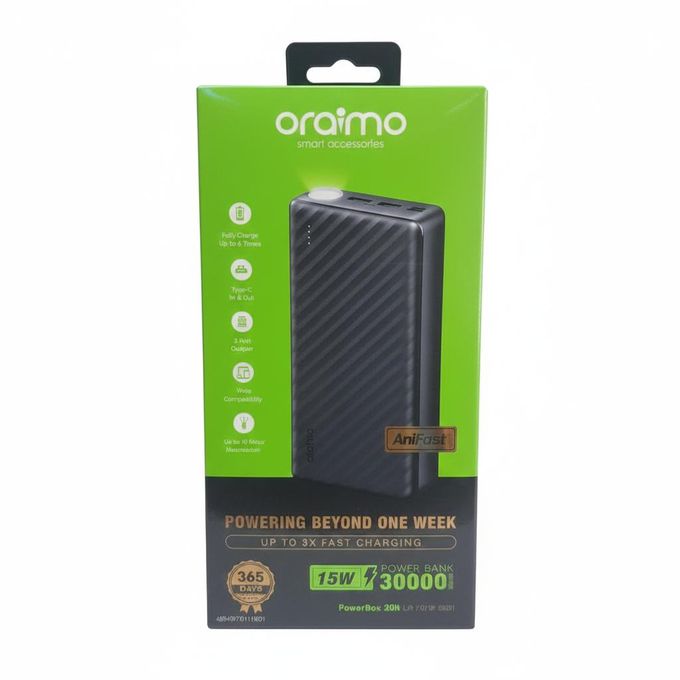 Oraimo Powerbox 300 Lit 30000mAh 15W Power Bank 🔹15W Type-C IN & OUT🔹LED Torch 🔹3A Fast Charging🔹 Multi-Protection Safety System🔹 Model: OPB-1301
