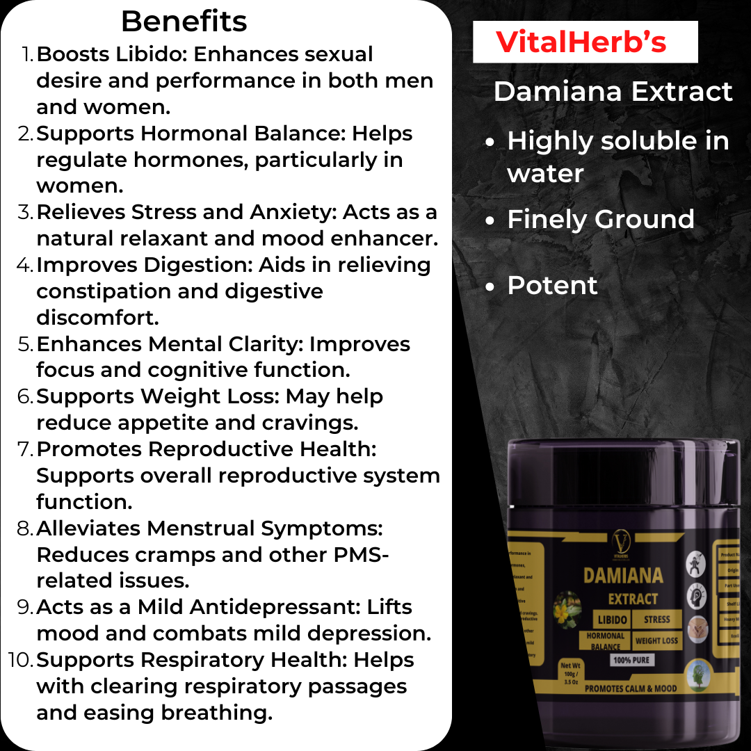 Damiana Extract Powder -  100% Pure,Boosts Libido,Supports Hormonal Balance,Relieves Stress and Anxiety