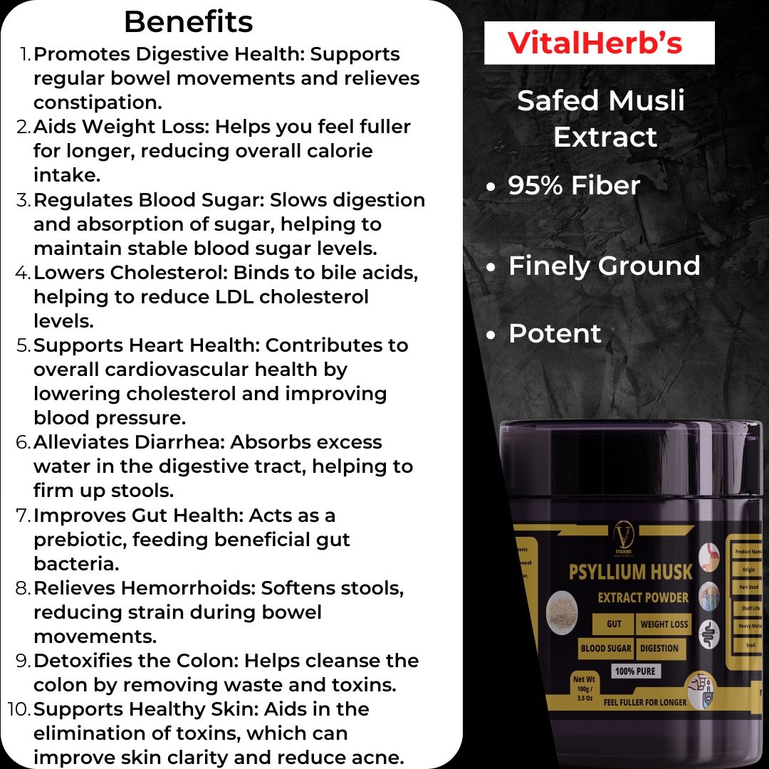 Psyllium Husk Powder- 100% Pure,95% Fiber,Helps you feel fuller for longer, maintain stable blood sugar levels,Lowers Cholesterol
