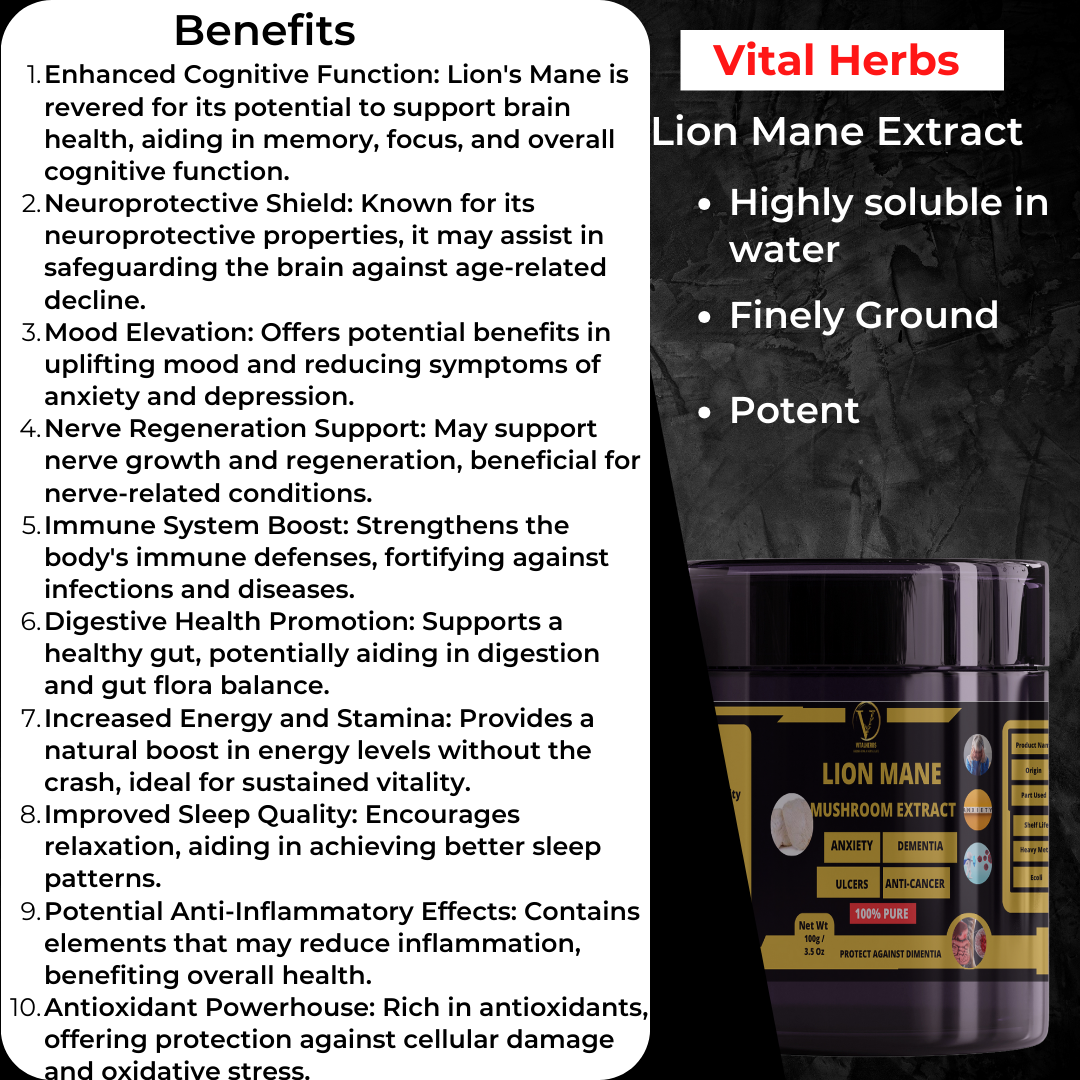 Lion's Mane Extract Powder - 100% Pure,Finely Ground,Soluble in water, support brain health, aiding in memory, focus, and overall cognitive function.