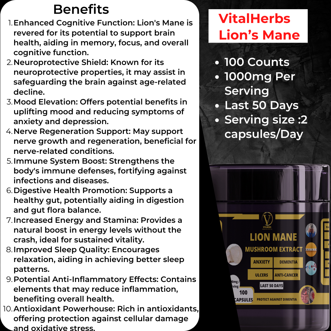 Lion's Mane Extract Powder - 100% Pure,Finely Ground,Soluble in water, support brain health, aiding in memory, focus, and overall cognitive function.