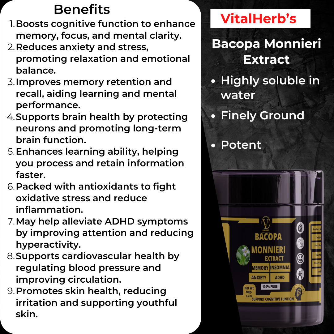 Bacopa Monnieri Extract Powder - 100% Pure,Boosts cognitive function,Reduces anxiety and stress,Improves memory