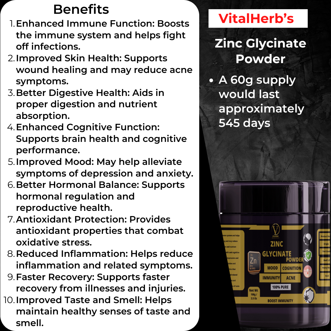 Zinc Glycinate Powder +  Pocket scale,- 100% PureEnhanced Immune Function,Improved Skin Health,Improved Mood