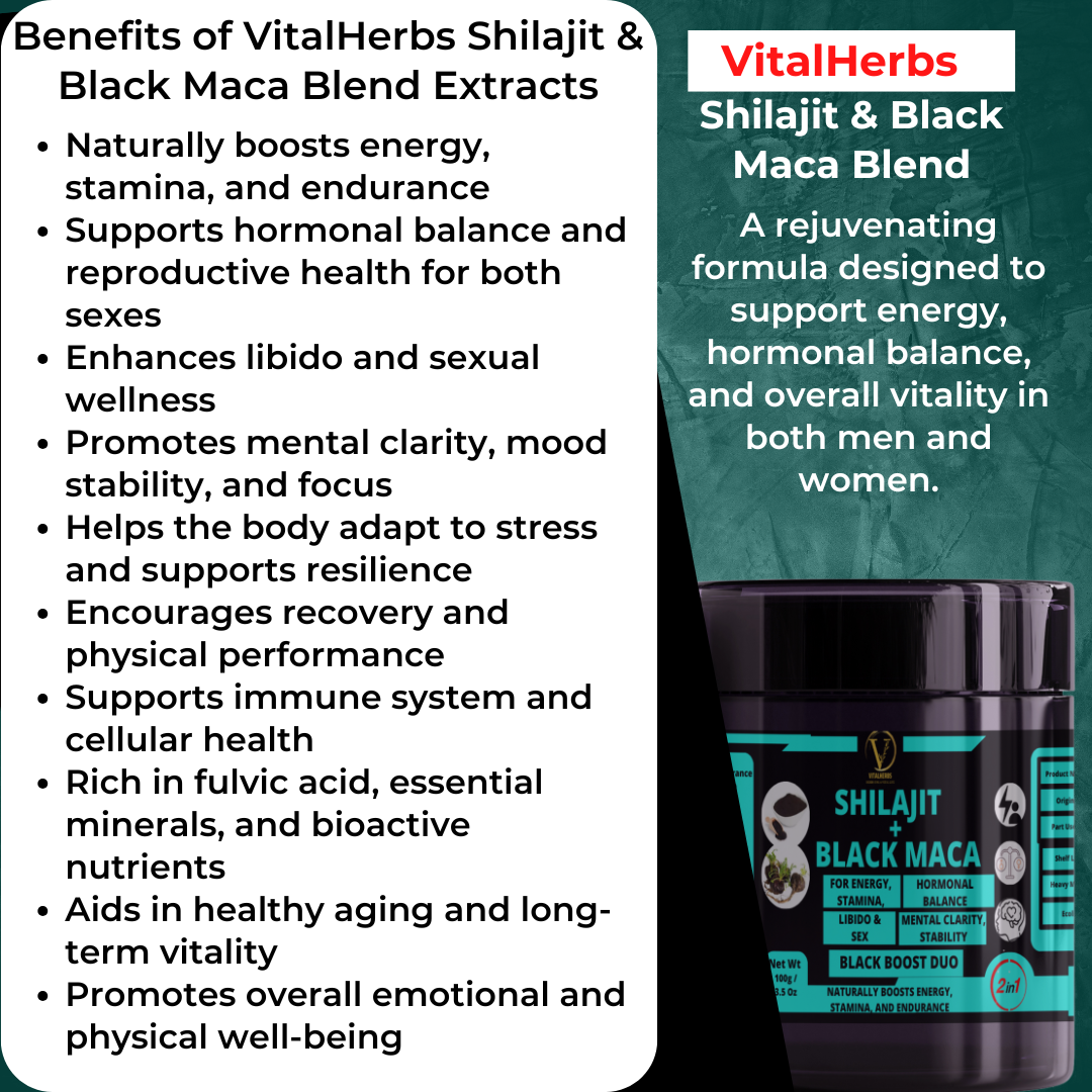 Shilajit + Black Maca Extract Blend - Naturally boosts energy, stamina, and endurance ,Supports hormonal balance and reproductive health for both sexes ,Enhances libido and sexual wellnes