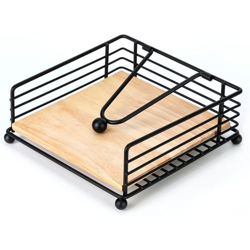 💥 DISCOUNT OFFER 💥 Flat Black Metal Napkin Holder with Bamboo Base – Stylish, Durable & Eco-Friendly Table Organizer for Home, Kitchen & Restaurant