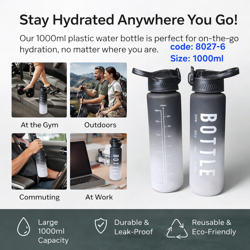 💰 BEST OFFER 💰 Black Motivation Water Bottle 1000ml – Leakproof Sports Bottle with Straw Time Marker BPA Free Gym Fitness Drinking Bottle Portable 🔥