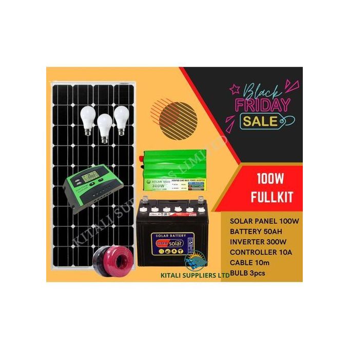 Chloride Exide 50Ah Solar Battery + Super Deal Sunlight 100 W Solar Panel Full Kit + 300W Inverter + 10AH Controller + 3 DC Bulbs + 10M Cable