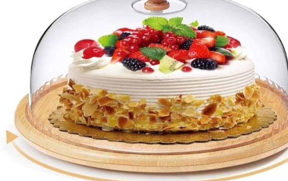 Acrylic dome cover for food bread cake fruits storage with 30cm bamboo tray with handle