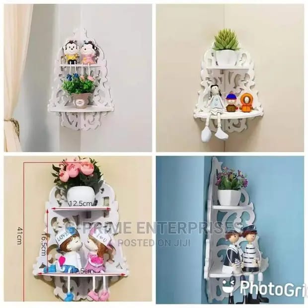 White Wooden Chic Filigree Decorative Wall Corner Shelves Cutout Design Shelf to Display Photos -  2 layer