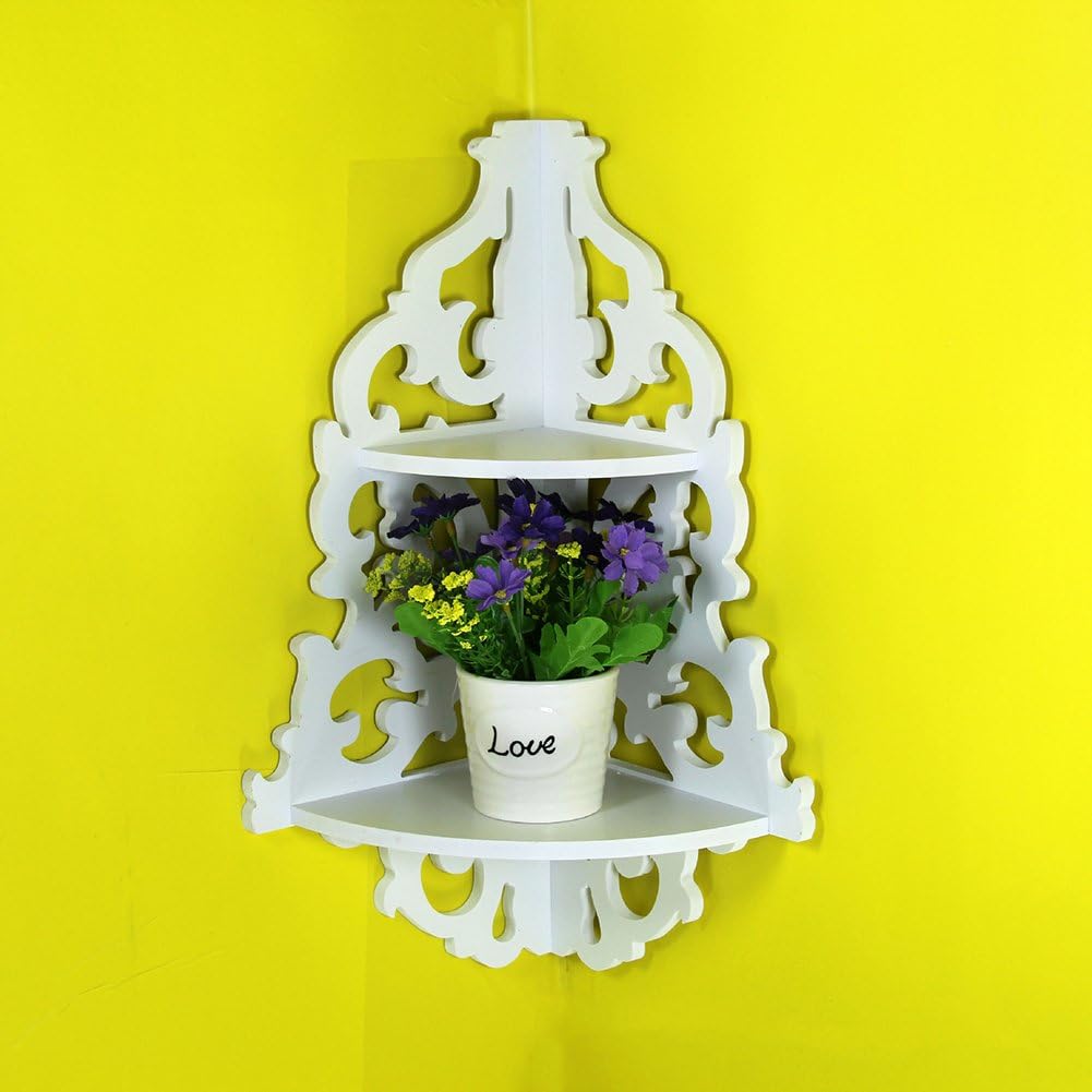 White Wooden Chic Filigree Decorative Wall Corner Shelves Cutout Design Shelf to Display Photos -  2 layer