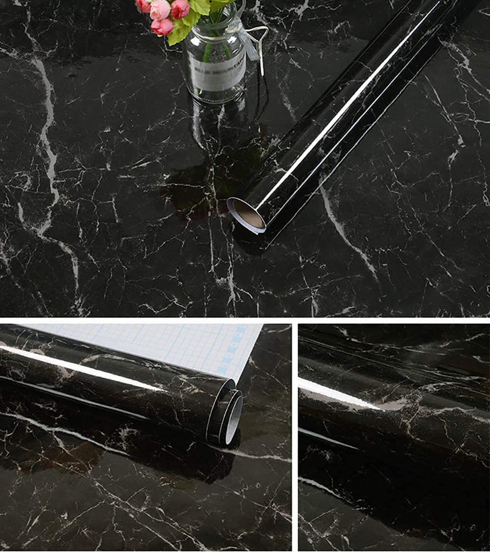 60*500cm Black Marble Self Adhesive Wall Stickers Oil-Proof Waterproof Peel & Stick Contact Wallpaper for Kitchen Living Room Office Table Home Decor Furniture Workshop