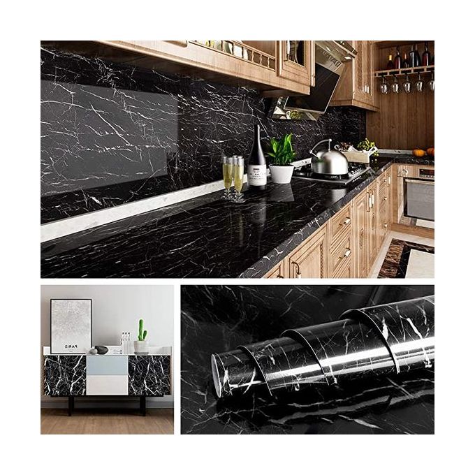60*500cm Black Marble Self Adhesive Wall Stickers Oil-Proof Waterproof Peel & Stick Contact Wallpaper for Kitchen Living Room Office Table Home Decor Furniture Workshop