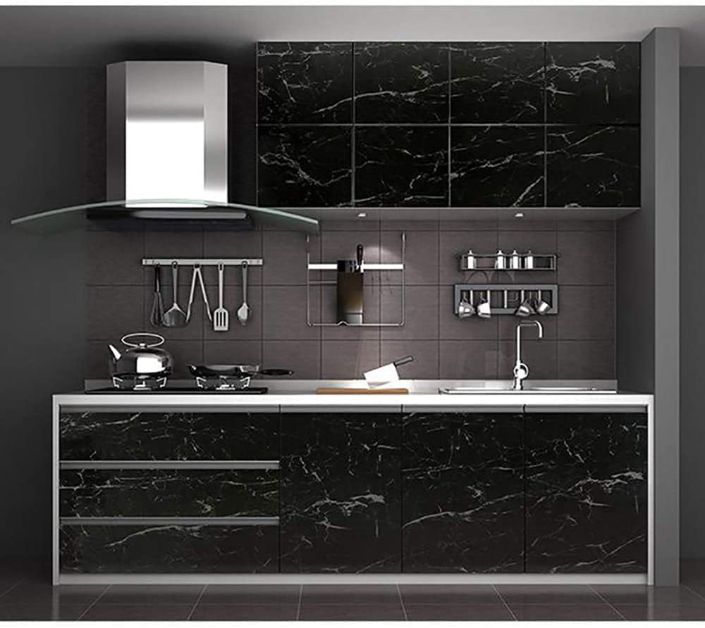 60*500cm Black Marble Self Adhesive Wall Stickers Oil-Proof Waterproof Peel & Stick Contact Wallpaper for Kitchen Living Room Office Table Home Decor Furniture Workshop
