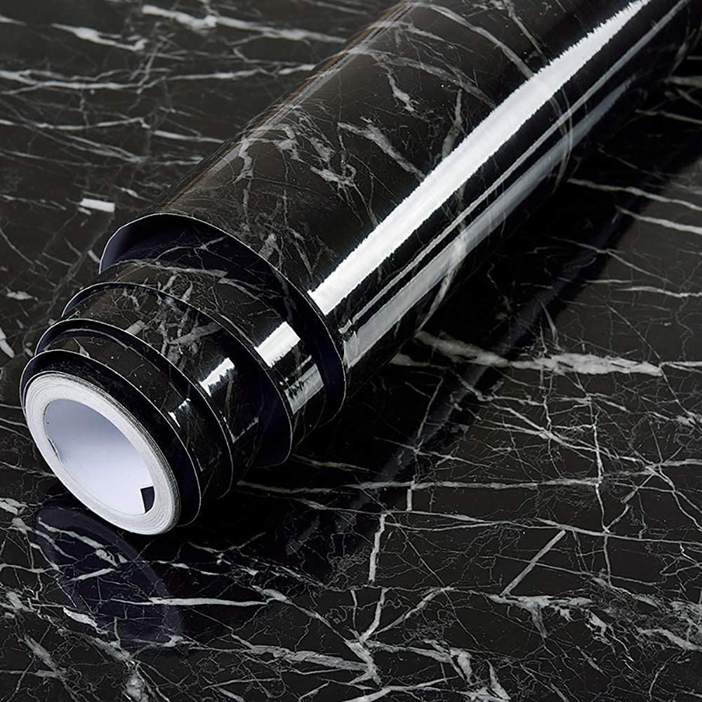60*500cm Black Marble Self Adhesive Wall Stickers Oil-Proof Waterproof Peel & Stick Contact Wallpaper for Kitchen Living Room Office Table Home Decor Furniture Workshop