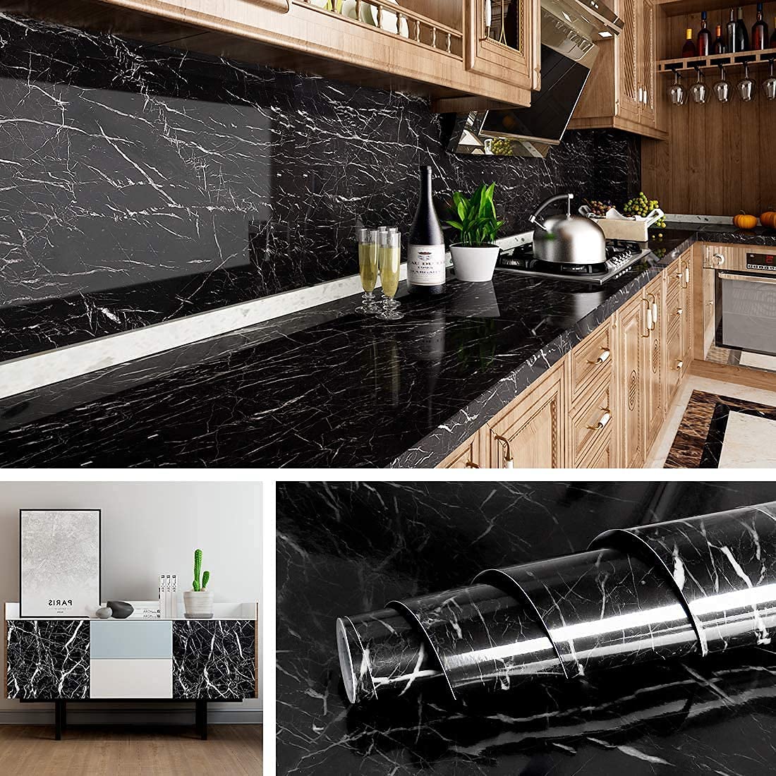 60*500cm Black Marble Self Adhesive Wall Stickers Oil-Proof Waterproof Peel & Stick Contact Wallpaper for Kitchen Living Room Office Table Home Decor Furniture Workshop