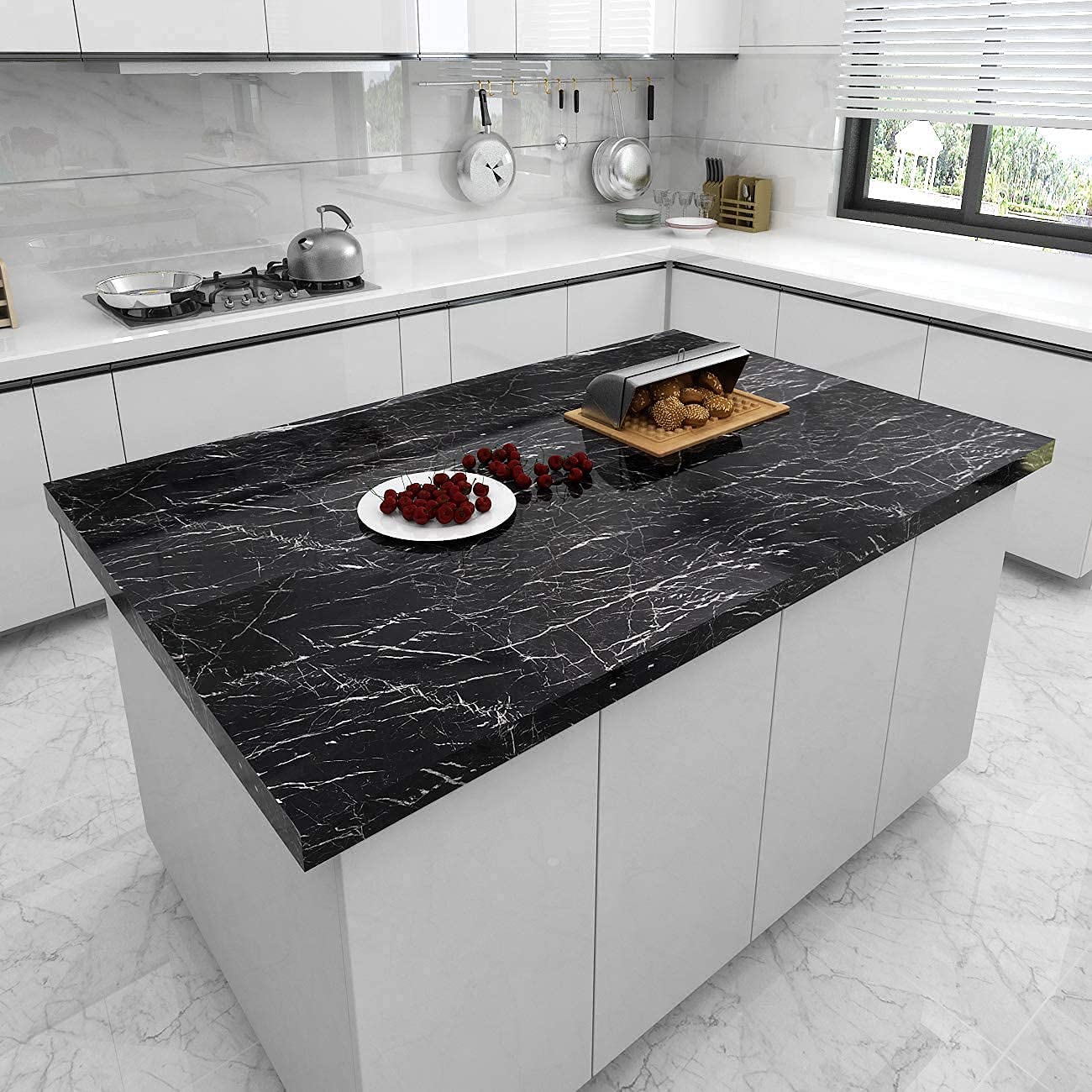 60*500cm Black Marble Self Adhesive Wall Stickers Oil-Proof Waterproof Peel & Stick Contact Wallpaper for Kitchen Living Room Office Table Home Decor Furniture Workshop