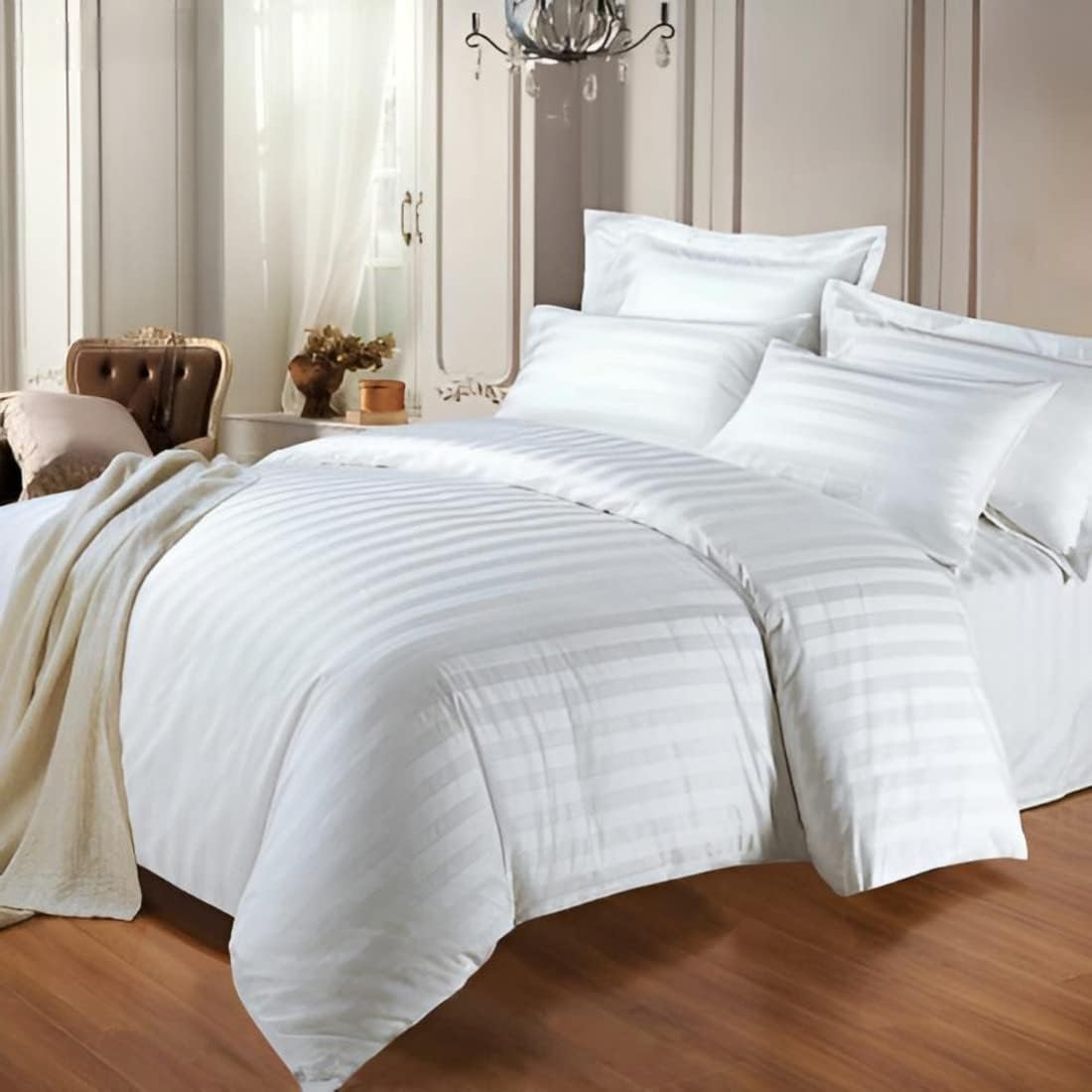 6*6 Stripped Cotton Duvet Cover Set White 4pcs ( 1 Duvet Cover, 1 Bedsheet, 2 Pillowcases)