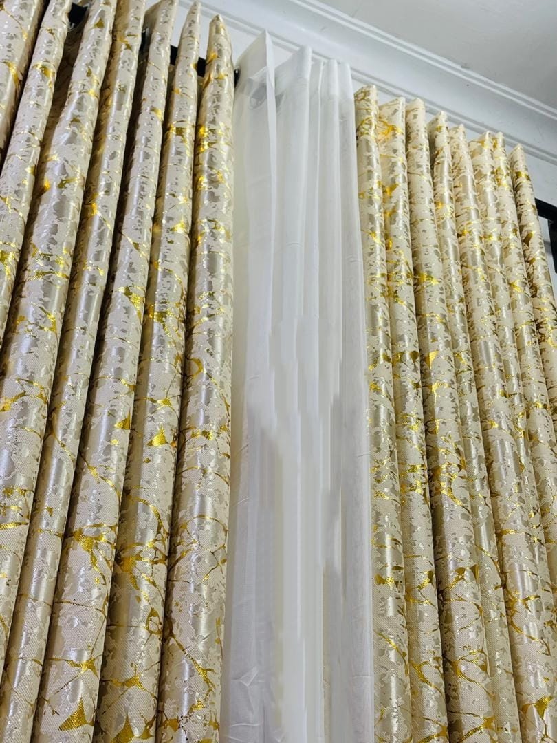 OFFER!! Taisier Home Gold Foil Print Linen Textured Curtains 3PC & 2PC Set Marble Curtains - 3PCc(1.5 mtrs each+1.5 mtrs each+Sheers: White :3 mtrs) 0r 2pcs((1.5 mtrs each+1.5 mtrs each)