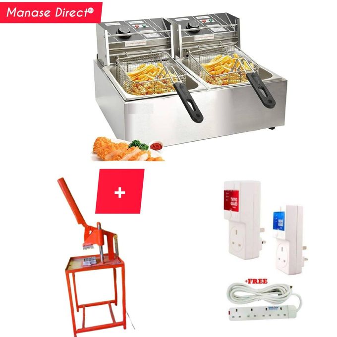 Redberry DOUBLE COMMERCIAL DEEP FRYER 6+6 LITRES TANKS PLUS COMMERCIAL CHIPS CUTTER PLUS FREE TV GUARD FRIDGE GUARD 4 WAY SOCKET