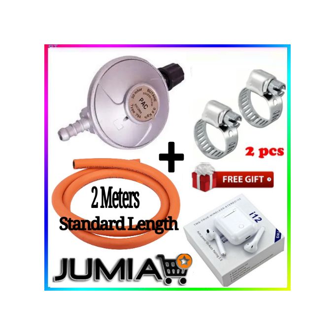 Pac Advance standard Pressure 6kg Gas Regulator Plus FREE Gas Delivery Hose Pipe 2M & Safety Clips For 2 Meko Tabletop Cooker burner + Free Smart i12TWS Earbuds