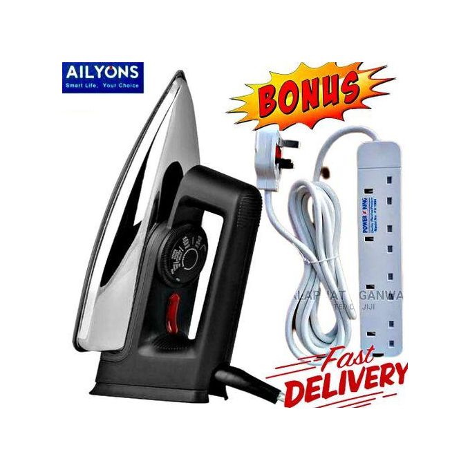 AILYONS High Quality Non Stick Electric Dry Iron Box 1000W With Titanium Teflon Non-Stick Soloplate // IronBox + FREE 4 Way Power Extension Cable Socket