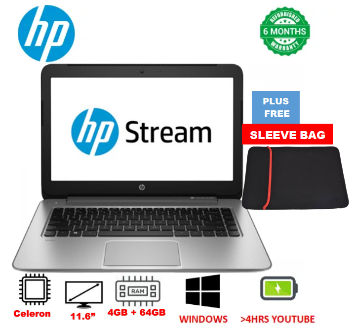[Black Friday Offer!) HP STREAM Celeron 4GB RAM + 64GB SSD Refurbished 11.6” Inch Display Windows Installed Laptop Notebook Grade A Computer PLUS Free Sleeve Bag