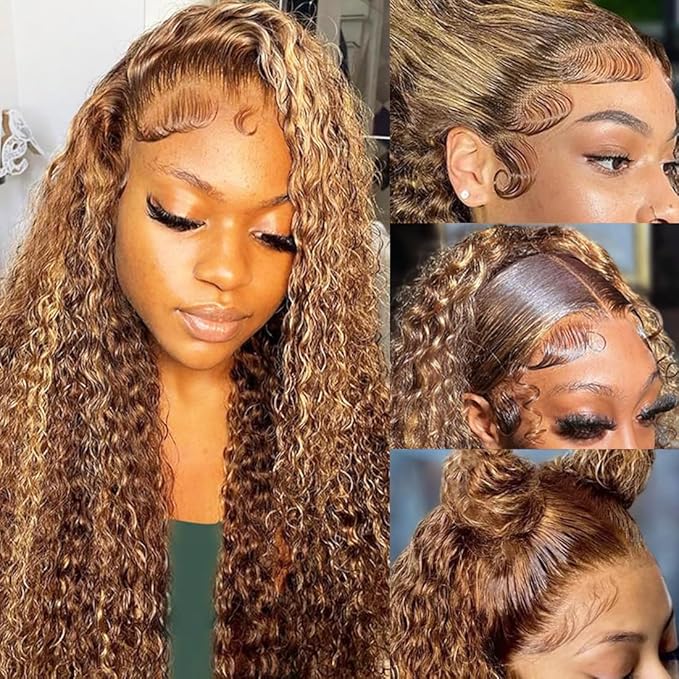 20 inch Ombre Highlight 13x6 Deep Wave Lace Front Wigs Semi Human Hair 200% Density Honey Blonde 4/27 Curly HD Lace Front Glueless Wigs Human Hair Pre Plucked with Baby Hair Deep Wave Wig