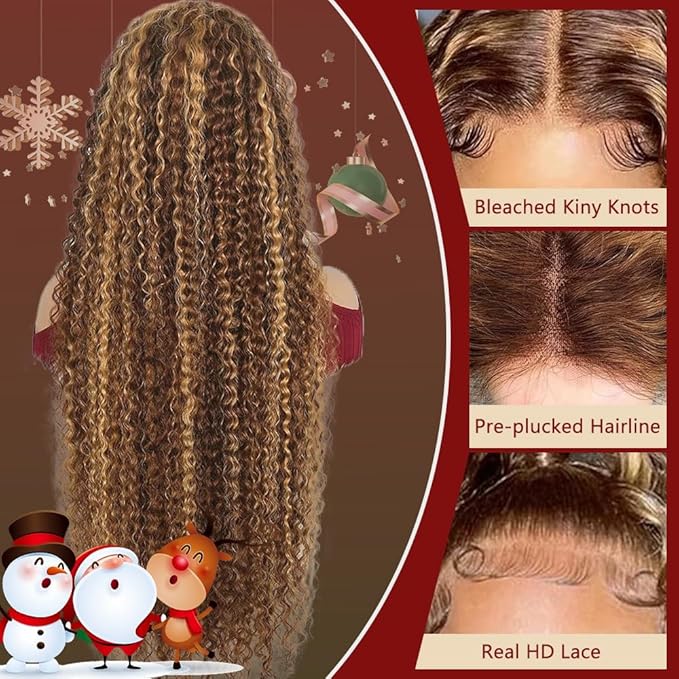 20 inch Ombre Highlight 13x6 Deep Wave Lace Front Wigs Semi Human Hair 200% Density Honey Blonde 4/27 Curly HD Lace Front Glueless Wigs Human Hair Pre Plucked with Baby Hair Deep Wave Wig