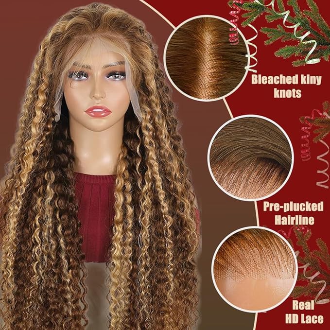 20 inch Ombre Highlight 13x6 Deep Wave Lace Front Wigs Semi Human Hair 200% Density Honey Blonde 4/27 Curly HD Lace Front Glueless Wigs Human Hair Pre Plucked with Baby Hair Deep Wave Wig