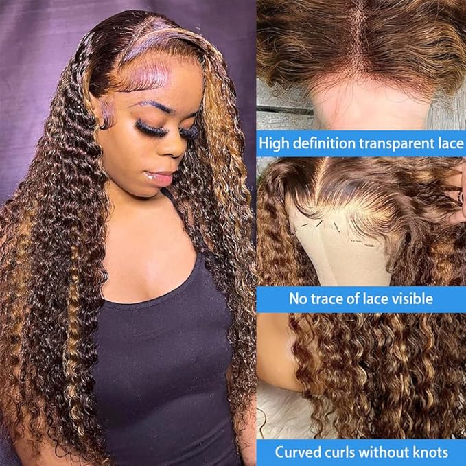 20 inch Ombre Highlight 13x6 Deep Wave Lace Front Wigs Semi Human Hair 200% Density Honey Blonde 4/27 Curly HD Lace Front Glueless Wigs Human Hair Pre Plucked with Baby Hair Deep Wave Wig