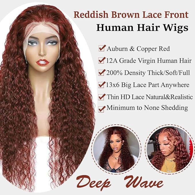 24 inchReddish Brown Curly Lace Front Wigs Semi  Human Hair Pre Plucked  Colored 13x4 HD Lace Frontal Wig for Women 180% Density Copper Red Glueless Human Hair Wig Auburn Deep Wave Wig with Baby Hair