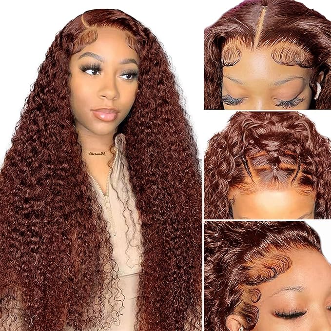 24 inchReddish Brown Curly Lace Front Wigs Semi  Human Hair Pre Plucked  Colored 13x4 HD Lace Frontal Wig for Women 180% Density Copper Red Glueless Human Hair Wig Auburn Deep Wave Wig with Baby Hair