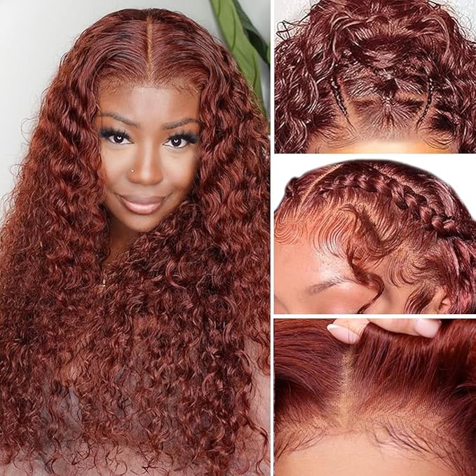 24 inchReddish Brown Curly Lace Front Wigs Semi  Human Hair Pre Plucked  Colored 13x4 HD Lace Frontal Wig for Women 180% Density Copper Red Glueless Human Hair Wig Auburn Deep Wave Wig with Baby Hair