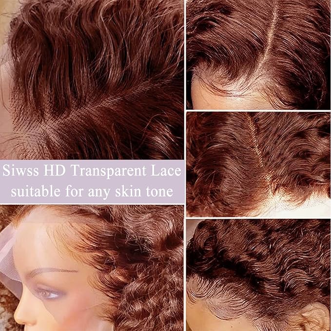 24 inchReddish Brown Curly Lace Front Wigs Semi  Human Hair Pre Plucked  Colored 13x4 HD Lace Frontal Wig for Women 180% Density Copper Red Glueless Human Hair Wig Auburn Deep Wave Wig with Baby Hair