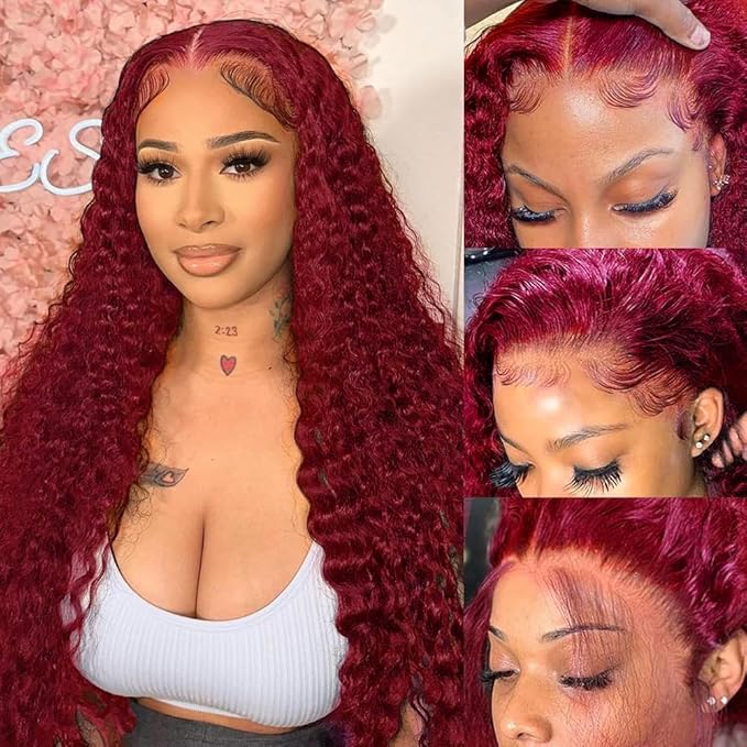 250% Density Semi Human wigs 13x6 Deep Wave Lace Front Wigs Human Hair for Women Glueless Burgundy Deep Curly Lace Frontal Wigs Brazilian Virgin Human Hair Wigs Pre Plucked with Baby Hair(#99j,22Inch)