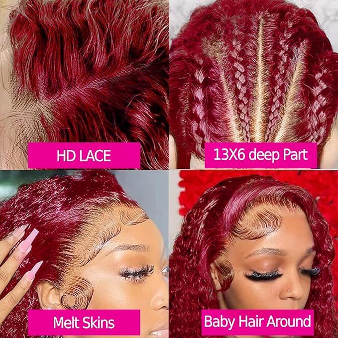 250% Density Semi Human wigs 13x6 Deep Wave Lace Front Wigs Human Hair for Women Glueless Burgundy Deep Curly Lace Frontal Wigs Brazilian Virgin Human Hair Wigs Pre Plucked with Baby Hair(#99j,22Inch)