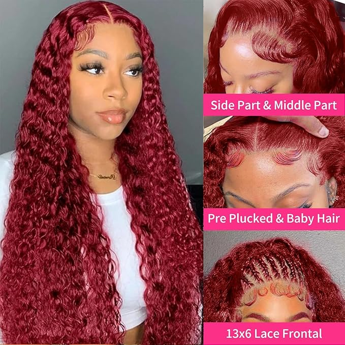 250% Density Semi Human wigs 13x6 Deep Wave Lace Front Wigs Human Hair for Women Glueless Burgundy Deep Curly Lace Frontal Wigs Brazilian Virgin Human Hair Wigs Pre Plucked with Baby Hair(#99j,22Inch)