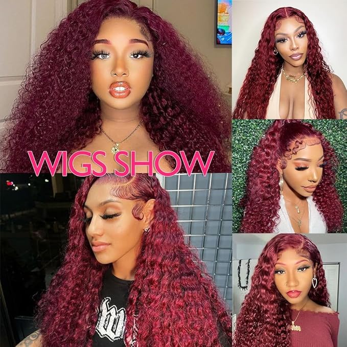250% Density Semi Human wigs 13x6 Deep Wave Lace Front Wigs Human Hair for Women Glueless Burgundy Deep Curly Lace Frontal Wigs Brazilian Virgin Human Hair Wigs Pre Plucked with Baby Hair(#99j,22Inch)