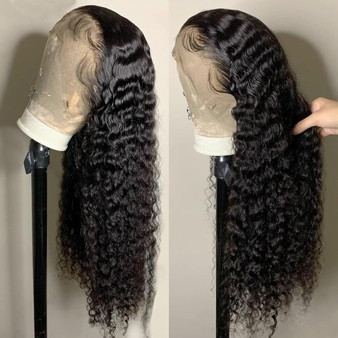 Styled Lace Front Semi Human Hair 180% Density Deep Wave Frontal Wigs Human Hair Pre Plucked with Baby Hair Glueless Wigs Human Hair for Black Women(natural color 20 inch)