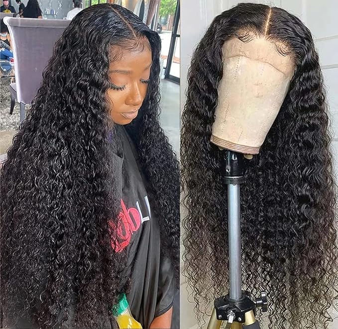 Styled Lace Front Semi Human Hair 180% Density Deep Wave Frontal Wigs Human Hair Pre Plucked with Baby Hair Glueless Wigs Human Hair for Black Women(natural color 20 inch)
