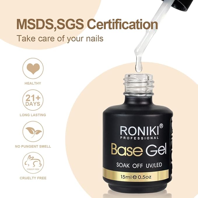 RONIKI 2pcs 15ml Gel Polish No Wipe Top and Base Coat Set, Soak Off UV LED Gel, Shine Finish Quick Drying and Long Lasting for Home DIY and Nail Salon